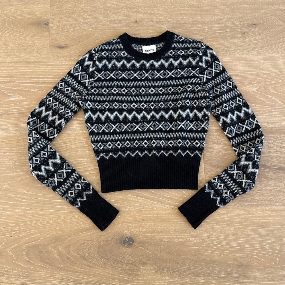 KHAITE Crew Cashmere Sweater Aroon Fairisle Size XS Black Gray